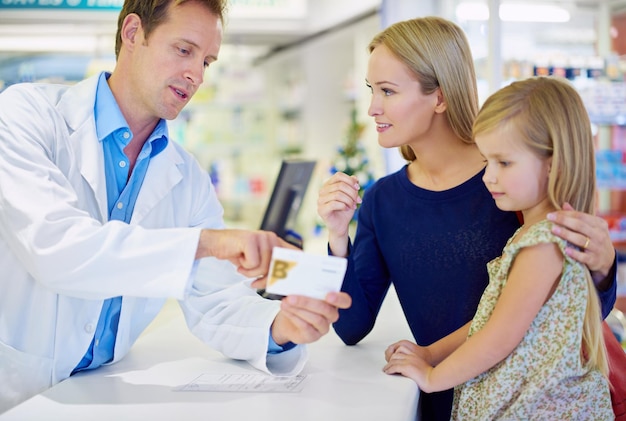 pharmacy consulting mom with child pills medication prescription order healthcare drug store pharmacist mother girl with tablets counter wellness health treatment 590464 467351